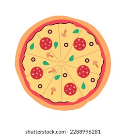 Large round pepperoni pizza with cheese semi flat colour vector object. Homemade baked salami food. Editable cartoon style icon on white. Simple spot illustration for web graphic design and animation