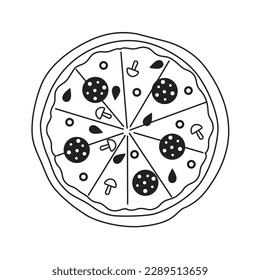 Large round pepperoni pizza with cheese monochromatic flat vector object. Homemade baked salami food. Editable thin line icon on white. Simple bw cartoon spot image for web graphic design, animation