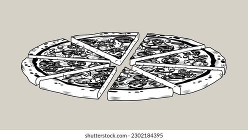 Large round pizza cut into equal parts. Vintage engraving stylized line drawing. Vector illustration. Each piece of pizza is on a separate layer