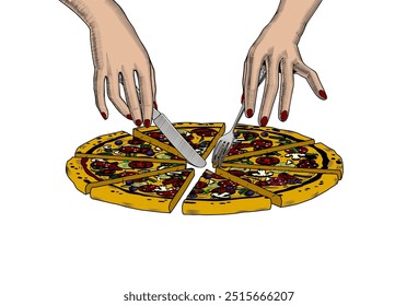 Large round pizza cut into pieces and female hands with cutlery. Antique engraving, stylized linear drawing. Vector illustration