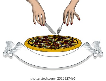 Large round pizza cut into pieces and female hands with cutlery. Antique engraving, stylized linear drawing. Vector illustration