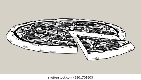 Una gran pizza redonda con parte cortada. Dibujo estilizado de líneas de grabado de época. Ilustración del vector