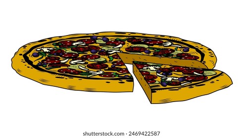 Large round pizza with cut off part. Vintage engraving stylized line drawing. Vector illustration