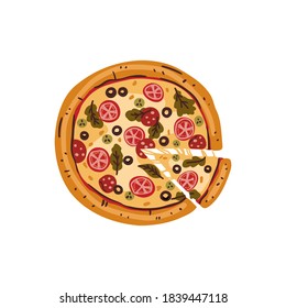 Large round pizza with salami, tomatoes and mushrooms. Traditional Italian fast-foot in cartoon style. Isolated on white background. For the design of flyers, posters and web