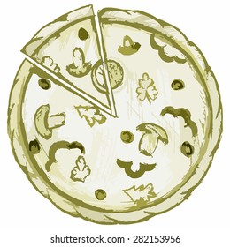 Large round pizza. Shades of green and yellow. Doodle style