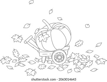 Large round pumpkin on an old wood wheelbarrow among fallen autumn leaves in a vegetable garden, black and white outline vector cartoon for a coloring book page