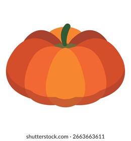 Large round pumpkin in warm shades of orange with green stem detail. Vector illustration