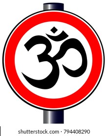 A large round red traffic sign displaying the 'OM'  logo.