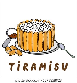 Large round tiramisu cake, an Italian layered dessert of savoiardi biscuits with mascarpone cream, garnished with cocoa powder. Homemade tiramisu for dessert with coffee and chocolate