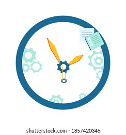 Grandes relojes redondos con engranaje y para hacer cartas, aislados en fondo blanco. vector de concepto de negocio de administración de plazos y tiempos.