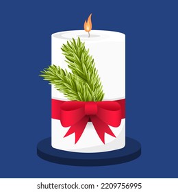 Large round white candle with  red bow and fir branches. Christmas winter candle on a stand. Illustration in flat style. Isolated on blue background.