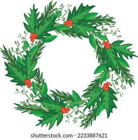 Large round wreath of fir branches, decorated with holly leaves and red berries. Holiday winter decor. Realistic vector decoration. EPS 10.
