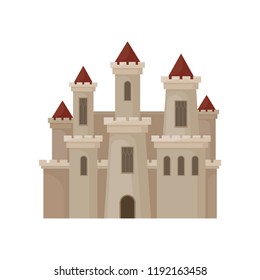 Large royal castle. Fortress with big windows, high towers and red conical roofs. Flat vector for children book