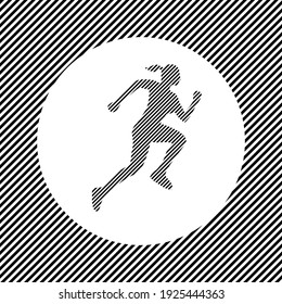 A large running woman symbol in the center as a hatch of black lines on a white circle. Interlaced effect. Seamless pattern with striped black and white diagonal slanted lines