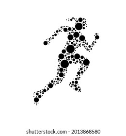 A large running woman symbol in the center made in pointillism style. The center symbol is filled with black circles of various sizes. Vector illustration on white background