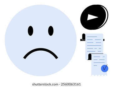 A large sad face in light blue colour with a frown and black eyes. Nearby is a document with a blue checkmark, and a black play button icon. Ideal for emotional expression, documents, completion