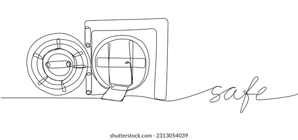 Large Safe Bank, protection, security one line art. Continuous line drawing of bank, money, finance, financial, payment, data, savings, economic, credit with an inscription, lettering, handwritten.