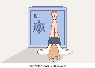 Large safe with money near woman lying upside down, enjoying relaxation and having financial reserves for rainy day. Rich girl relaxes after making high profits and accumulating money in account