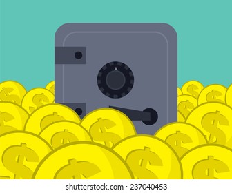 Large safe in pile of gold coins 