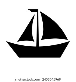 A large sailing boat symbol in the center. Isolated black symbol. Vector illustration on white background