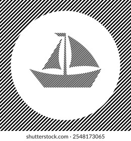 A large sailing boat symbol in the center as a hatch of black lines on a white circle. Interlaced effect. Seamless pattern with striped black and white diagonal slanted lines