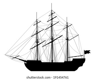 Large sailing ship. Detailed vector illustration of large black ship isolated on white background.