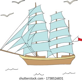 Gran barco de vela para diseño marino. Dibujo con mano del vector Ilustración EPS10