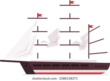 Large sailing ship navigating the vast seas, surrounded by graceful origami birds in flight, embodying the concepts of freedom and travel in a minimalist vector illustration