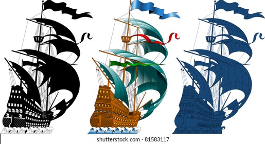 large sailing ship sailing on the waves (vector silhouette);