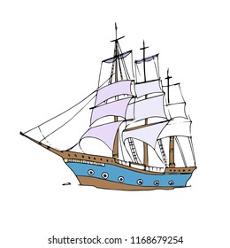 A large sailing ship on a white background that winds up can be used for the design of postcards, textiles, wallpapers, postcards and other works on the marine theme