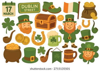 Grande conjunto de San Patricio con leprechaun, oro, tréboles, cerveza, símbolos para los diseños irlandeses de vacaciones.
