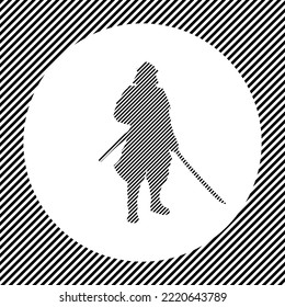 A large samurai symbol in the center as a hatch of black lines on a white circle. Interlaced effect. Seamless pattern with striped black and white diagonal slanted lines