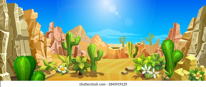 A large sandy desert with rocks, cacti and other desert vegetation. Territory with a hot climate.