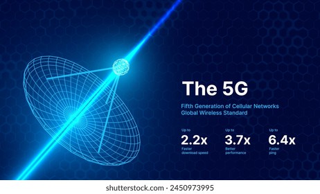 Grande antena parabólica. Señal digital desde el espacio. Equipo para la transmisión de radio por TV satelital 5G LTE WIFI Internet. Señal de radio. Fondo de alta tecnología. Ilustración vectorial.