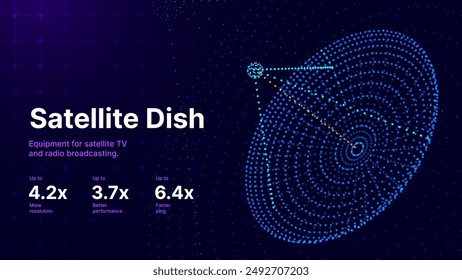 Large Satellite Dish Antenna. Digital Signal from Space. Equipment for Satellite TV Radio Broadcasting 5G LTE WIFI Internet. Radio Signal. Hi-Tech Background. Vector Illustration.