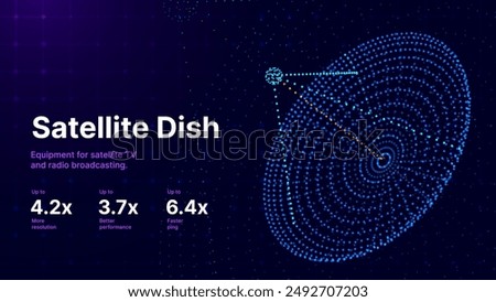 Large Satellite Dish Antenna. Digital Signal from Space. Equipment for Satellite TV Radio Broadcasting 5G LTE WIFI Internet. Radio Signal. Hi-Tech Background. Vector Illustration.