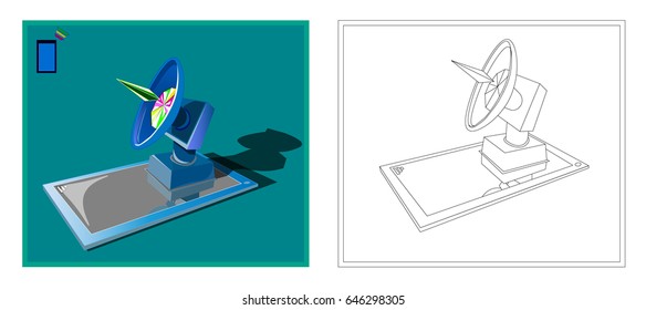 A large satellite dish on the mirror surface of the tablet