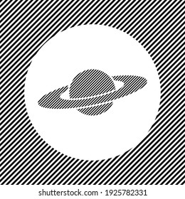 A large saturn symbol in the center as a hatch of black lines on a white circle. Interlaced effect. Seamless pattern with striped black and white diagonal slanted lines