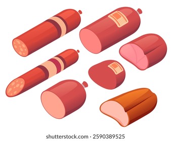 Large sausage set. Halved salami pieces. Small pepperoni sausages. Red cured meats. Processed protein foods. Grocery store. Isometric collection. Vector illustration isolated on white background.