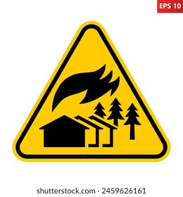 Large scale fire zone warning sign. Vector illustration of yellow triangle sign with houses, trees and windblown flames icon inside. Risk of fire. Danger area. Caution symbol.