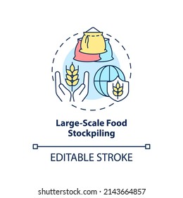 Large Scale Food Stockpiling Concept Icon. Food Security Approaches Abstract Idea Thin Line Illustration. Isolated Outline Drawing. Editable Stroke. Arial, Myriad Pro-Bold Fonts Used