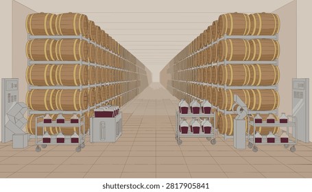 Large scale industrial wine cellar featuring symmetrical rows of wooden barrels on tall racks with glass jugs on carts.