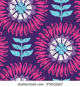 Large Scale Modern Scandi Daisy Floral Seamless Repeat Wallpaper - Purple, Pink and Blue