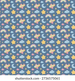 Large scale preview of baby dream seamless pattern with stars, clouds, moon and airplane on dark background. Ideal for textiles and wallpapers.