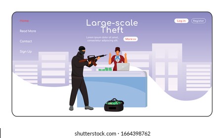 Large scale theft landing page flat color vector template. Armed robbery. Man pointing machine gun at employee. Homepage layout. One page website interface with cartoon character. Web banner, webpage