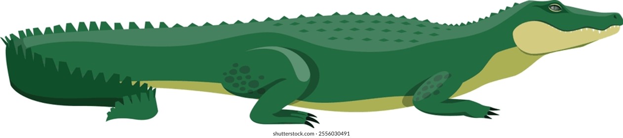 Large, scaly green crocodile resting in profile, showcasing its spiky tail and powerful legs, emphasizing the creature s formidable presence in a captivating illustration