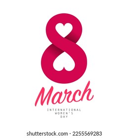 Large scarlet number 8 with two hearts on a white background. A beautiful holiday card by March 8. International Women's Day. Vector illustration.