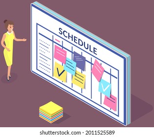 Large schedule with notes on colored stickers. Young woman smiles and shows on timetable with plans, goals and objectives. Girl standing next to set of stickers for work on purple background