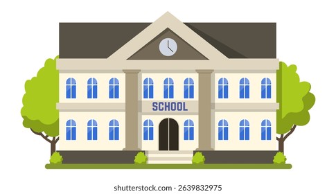 Large school building featuring a clock and trees, representing back to school with modern urban architecture in a college or university campus, vector illustration in flat style