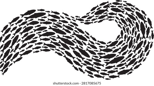 Large school of fish forming infinity loop symbol representing boundless education teamwork unity and endless journey in abstract underwater formation for creative concepts.
